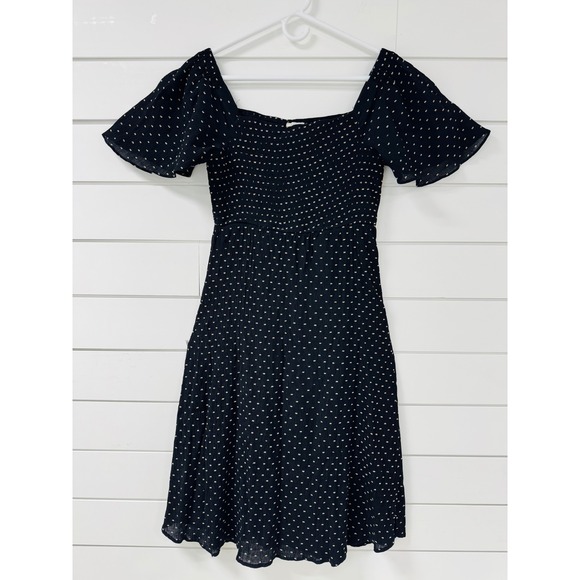 Ott Dresses & Skirts - Ott Black Polka Dot Smocked Mini Dress Flutter Sleeve Cottagecore Square Neck